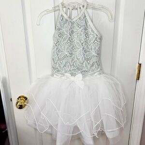 Dance Girls Sequined-Lace-Layered Tulle Dress Costume/Dress-Up/White/Sz IC (7/8)